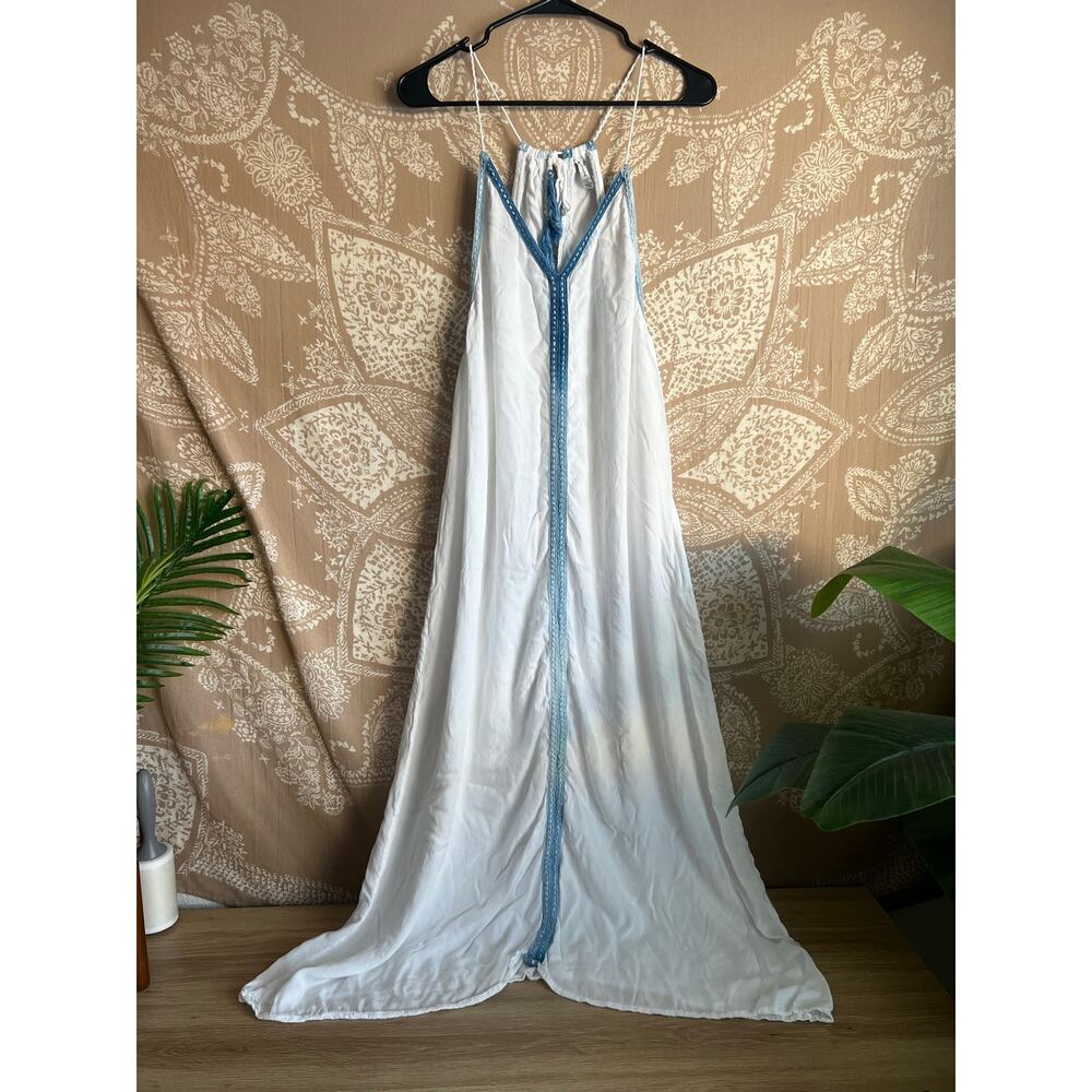 Raviya Women’s White w/ Blue Trim Maxi Dress Cover Up 100% Rayon
